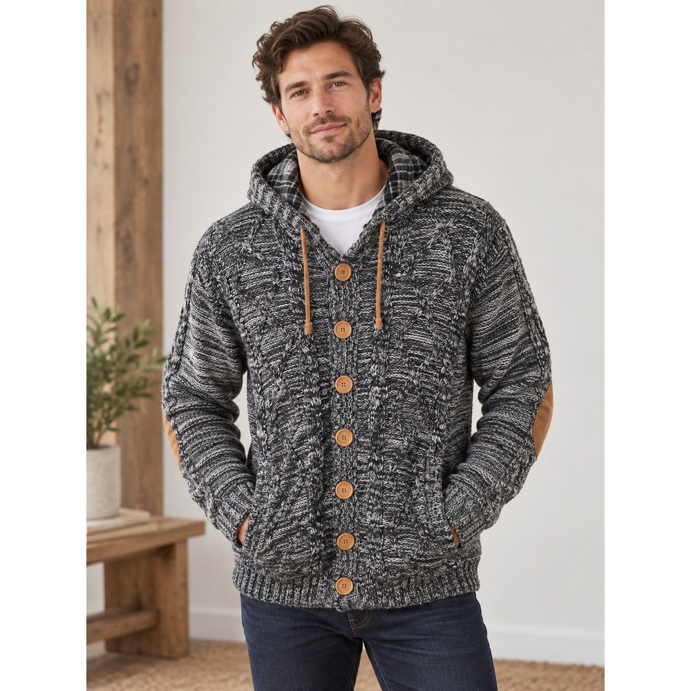 American Stitch Cable Knit Sweater Jacket Mens Large Black White Sherpa Lined